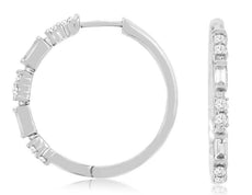 .48CT DIAMOND 14K WHITE GOLD 3D ROUND & BAGUETTE CLASSIC HUGGIE HANGING EARRINGS