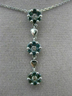 ESTATE .87CT WHITE & BLUE DIAMOND 14KT WHITE GOLD 3D FLOWER CLUSTER LOVE PENDANT
