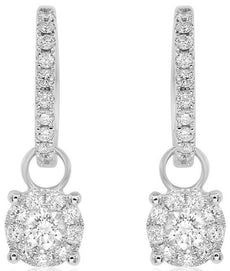 ESTATE .93CT DIAMOND 14KT WHITE GOLD CLASSIC FLOWER HUGGIE FUN HANGING EARRINGS