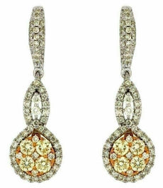 1.58CT WHITE & FANCY YELLOW DIAMOND 14KT WHITE GOLD 3D CLUSTER HANGING EARRINGS