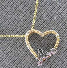 ESTATE .02CT DIAMOND 14KT 2 TONE GOLD 3D OPEN HEART FUN LOVE FLOATING PENDANT
