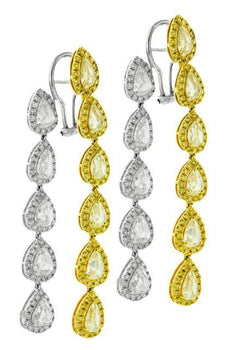 13.61CT WHITE & FANCY YELLOW DIAMOND 18K 2 TONE GOLD ROUND & PEAR SHAPE EARRINGS