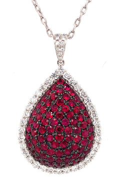 5.41CT DIAMOND & AAA RUBY 18KT WHITE GOLD 3D CLUSTER TEAR DROP FLOATING PENDANT