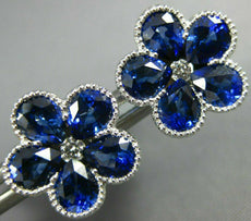 ESTATE LARGE 3.98CT DIAMOND & AAA SAPPHIRE 18KT WHITE GOLD FLOWER STUD EARRINGS