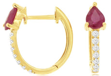 1.02CT DIAMOND & AAA RUBY 14KT YELLOW GOLD 3D PEAR SHAPE & ROUND HUGGIE EARRINGS