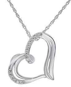 ESTATE .04CT DIAMOND 14KT WHITE GOLD CLASSIC OPEN HEART SIDEWAY FLOATING PENDANT