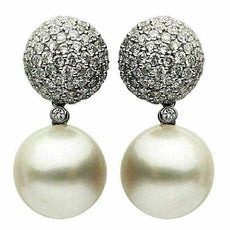 ESTATE LARGE 1.56CT DIAMOND & AAA SOUTH SEA PEARL 18KT WHITE GOLD PAVE EARRINGS