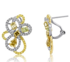 2.30CT MULTI COLOR DIAMOND 18KT 2 TONE GOLD MULTI SHAPE FLOWER HANGING EARRINGS