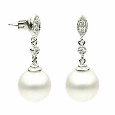 ESTATE .11CT DIAMOND & AAA PEARL 14KT WHITE GOLD 3D MILGRAIN HANGING EARRINGS