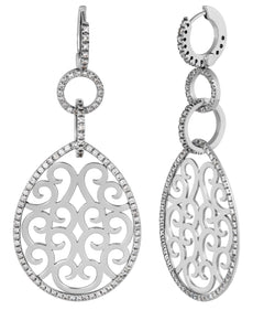1.36CT DIAMOND 18KT WHITE GOLD 3D FILIGREE TEAR DROP LOVE KNOT HANGING EARRINGS