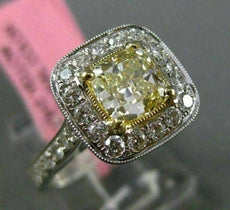 ESTATE LARGE GIA 2.11CT DIAMOND 18K TWO TONE GOLD 3D CUSHION CUT ENGAGEMENT RING