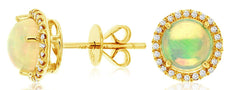 2.05CT DIAMOND & AAA OPAL 14KT YELLOW GOLD 3D ROUND HALO CLASSIC STUD EARRINGS