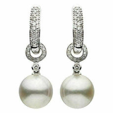 ESTATE .49CT DIAMOND & AAA SOUTH PEARL 18K WHITE GOLD 3D HUGGIE HANGING EARRINGS