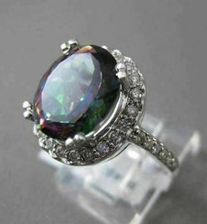 ESTATE LARGE 6.37CT DIAMOND & AAA MYSTIC TOPAZ 14KT WHITE GOLD 3D OVAL HALO RING