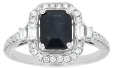 2CT DIAMOND & AAA SAPPHIRE 14KT WHITE GOLD ROUND & BAGUETTE HALO ENGAGEMENT RING
