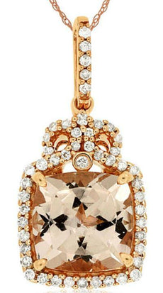 2.20CT DIAMOND & AAA MORGANITE 14K ROSE GOLD 3D CUSHION & ROUND FLOATING PENDANT
