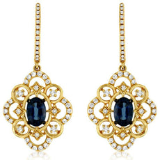 1.57CT DIAMOND & AAA SAPPHIRE 14KT YELLOW GOLD 3D OPEN FILIGREE HANGING EARRINGS