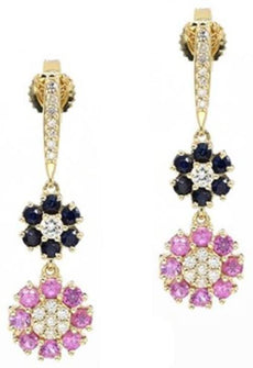 1.25CT DIAMOND & AAA PINK & BLUE SAPPHIRE 14K YELLOW GOLD 3D FLOWER FUN EARRINGS