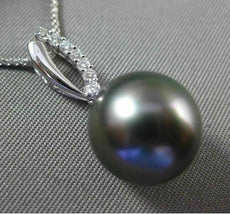 ESTATE .11CT DIAMOND 14K WHITE GOLD 3D TAHITIAN PEARL OPEN LEAF FLOATING PENDANT