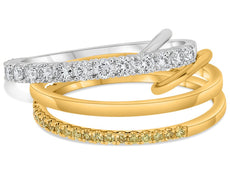 .70CT WHITE & FANCY YELLOW DIAMOND 14KT 2 TONE GOLD 3D 3 ROW STACKABLE LINK RING