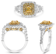 1.84CT WHITE & FANCY YELLOW DIAMOND 18KT TWO TONE GOLD 3D ROUND & TRAPEZOID RING