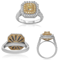 1.87CT WHITE & FANCY YELLOW DIAMOND 18KT TWO TONE GOLD ROUND & CUSHION HALO RING