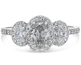 1.47CT DIAMOND PLATINUM OVAL & ROUND 3D 3 STONE CLASSIC HALO ENGAGEMENT RING