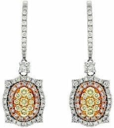 ESTATE 1.41CT WHITE FANCY YELLOW & PINK DIAMOND 14KT WHITE GOLD FLOWER EARRINGS