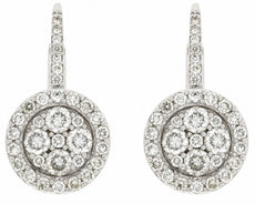 1.0CT DIAMOND 14KT WHITE GOLD ROUND PAVE FLOWER HALO LEVERBACK HANGING EARRINGS