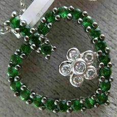 ESTATE 1.09CT DIAMOND & AAA GREEN RUBY 14KT WHITE GOLD FLOWER OPEN HEART PENDANT