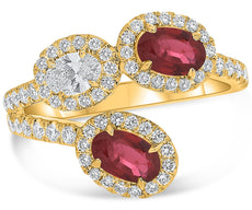 LARGE 1.89CT DIAMOND & AAA RUBY 18KT YELLOW GOLD OVAL MULTI FLOWER HALO FUN RING