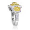 WIDE 2.47CT WHITE & FANCY YELLOW DIAMOND 18K 2 TONE GOLD CUSHION ENGAGEMENT RING