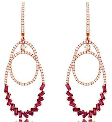 1.80CT DIAMOND & AAA RUBY 14KT ROSE GOLD 3D ROUND & BAGUETTE CHANDELIER EARRINGS