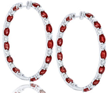 LARGE 13.82CT DIAMOND & AAA RUBY 18K WHITE GOLD 3D ROUND & OVAL HANGING EARRINGS