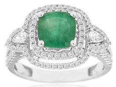 LARGE 2.22CT DIAMOND & AAA EMERALD 14KT WHITE GOLD CUSHION HALO ENGAGEMENT RING