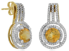 2.15CT DIAMOND & AAA CITRINE 14K 2 TONE GOLD DOUBLE HALO FLORAL HANGING EARRINGS