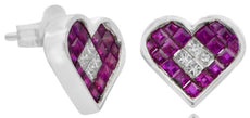 1.24CT DIAMOND & AAA RUBY 14KT WHITE GOLD PRINCESS INVISIBLE LOVE STUD EARRINGS