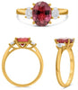 2.83CT DIAMOND & AAA RUBY 18KT YELLOW GOLD OVAL & TRAPEZOID 3 STONE CLASSIC RING