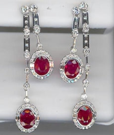 4.85CT DIAMOND & AAA RUBY 14KT WHITE GOLD OVAL ROUND & BAGUETTE HANGING EARRINGS