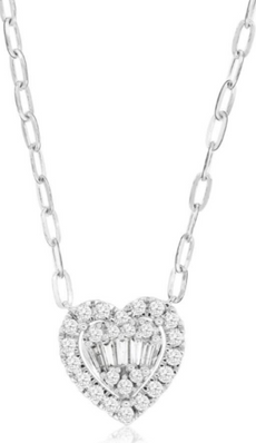 .50CT DIAMOND 14KT WHITE GOLD ROUND & BAGUETTE DOUBLE HEART SHAPE LOVE NECKLACE