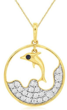 .17CT DIAMOND & AAA SAPPHIRE 14KT YELLOW GOLD HAPPY DOLPHIN CIRCULAR FUN PENDANT