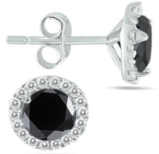 1.25CT WHITE & BLACK DIAMOND 14KT WHITE GOLD ROUND SOLITAIRE HALO STUD EARRINGS