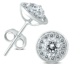 ESTATE 1.0CT DIAMOND 14KT WHITE GOLD CLASSIC SOLITAIRE ROUND HALO STUD EARRINGS