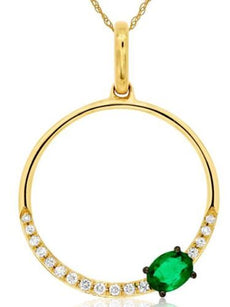 .27CT DIAMOND & AAA EMERALD 14K YELLOW GOLD OVAL CIRCLE OF LIFE FLOATING PENDANT