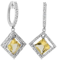 2.46CT DIAMOND & AAA CITRINE 14K WHITE GOLD 3D PRINCESS & ROUND HANGING EARRINGS