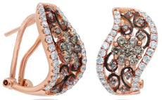 1.75CT WHITE & CHOCOLATE FANCY DIAMOND 14KT ROSE GOLD OPEN FILIGREE FUN EARRINGS