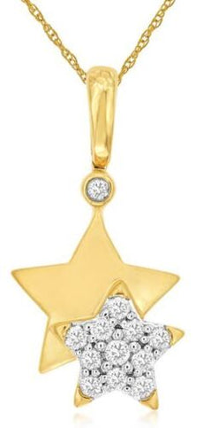 ESTATE .16CT DIAMOND 14K 2 TONE GOLD DOUBLE STAR SOLITAIRE LOVE FLOATING PENDANT