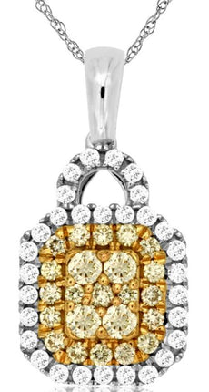 .55CT WHITE & FANCY YELLOW DIAMOND 14KT 2 TONE GOLD CLUSTER SQUARE LOCK PENDANT