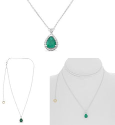 1.41CT DIAMOND & AAA EMERALD 18KT WHITE GOLD 3D PEAR SHAPE & ROUND HALO NECKLACE