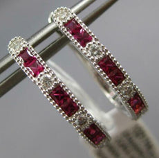 .85CT DIAMOND & AAA RUBY 18K WHITE GOLD PRINCESS & ROUND HUGGIE HANGING EARRINGS